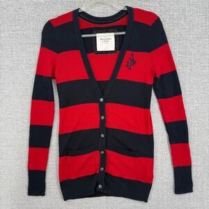 Vtg‎ Y2K Abercrombie Fitch Red Black Striped V Neck Cardigan Sweater Womens M
